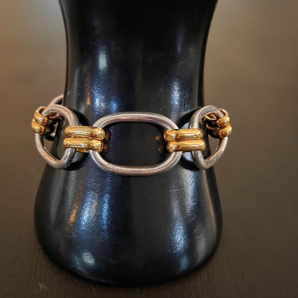 Two Tone Silver and Gold‎ Mixed Metal Oval Chain Link Toggle Clasp Bracelet